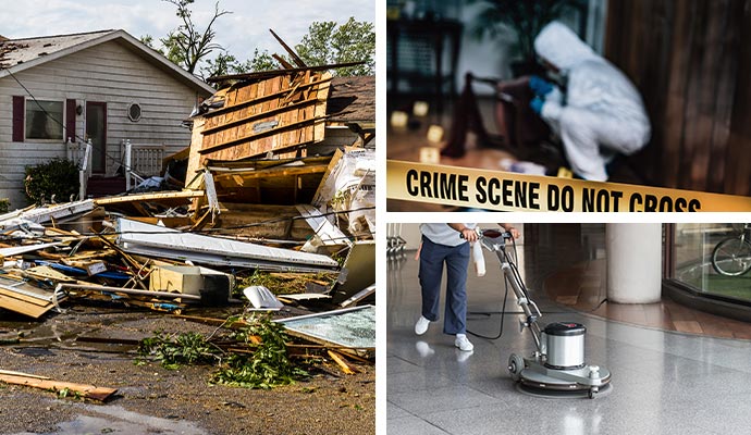 collage of disaster biohazard and commercial services