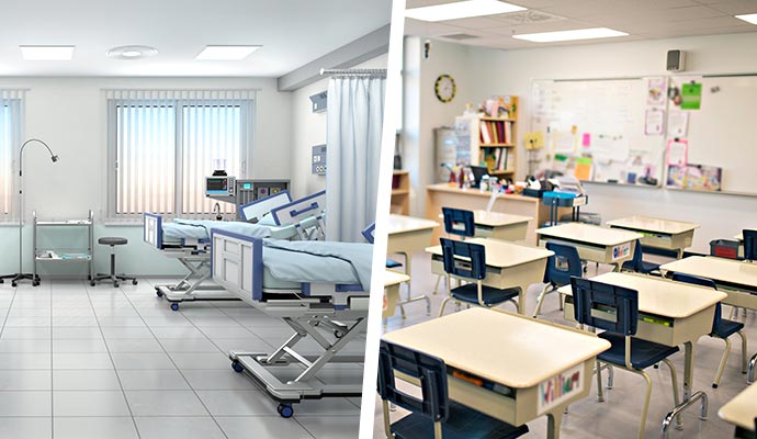 A collage of hospital and school interior