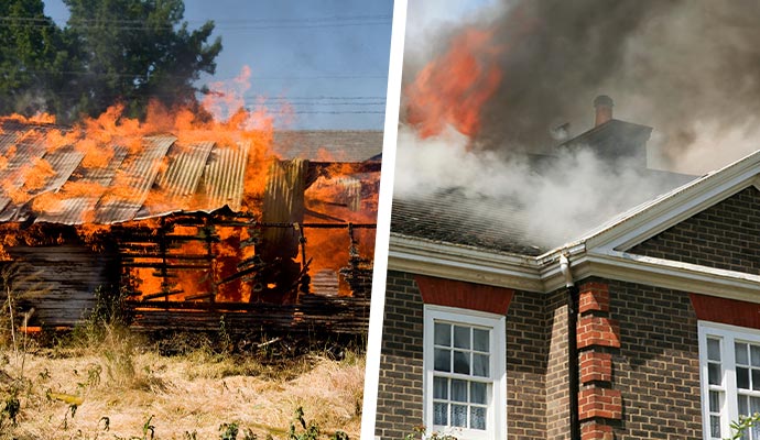 collage of barn and apartment fire