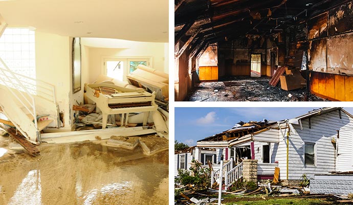 collage of water, fire and storm damage restoration