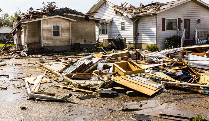 storm damaged house with a fallen tree over the roof