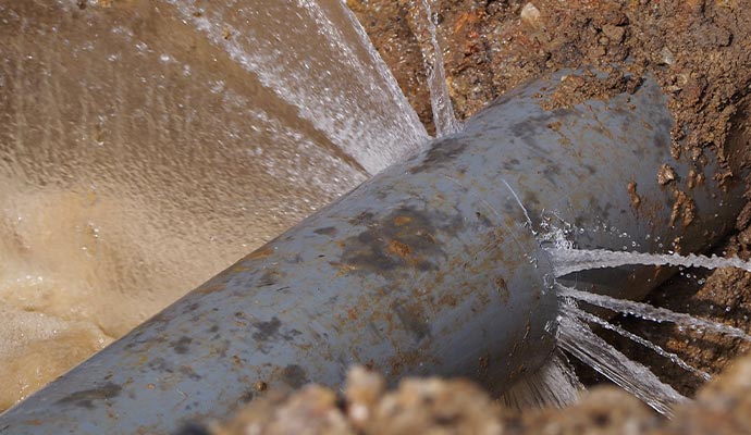 Close-up view of burst water pipe