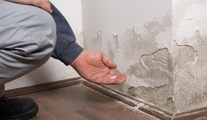 Professional worker inspecting structural water damage